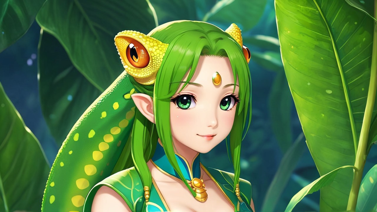 Fantastical Character with Green Hair and Nature Motifs