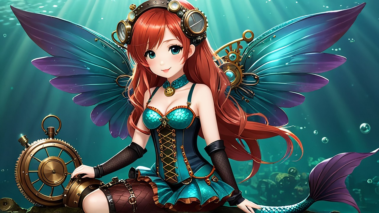 Whimsical Mermaid with Teal Wings Underwater Scene