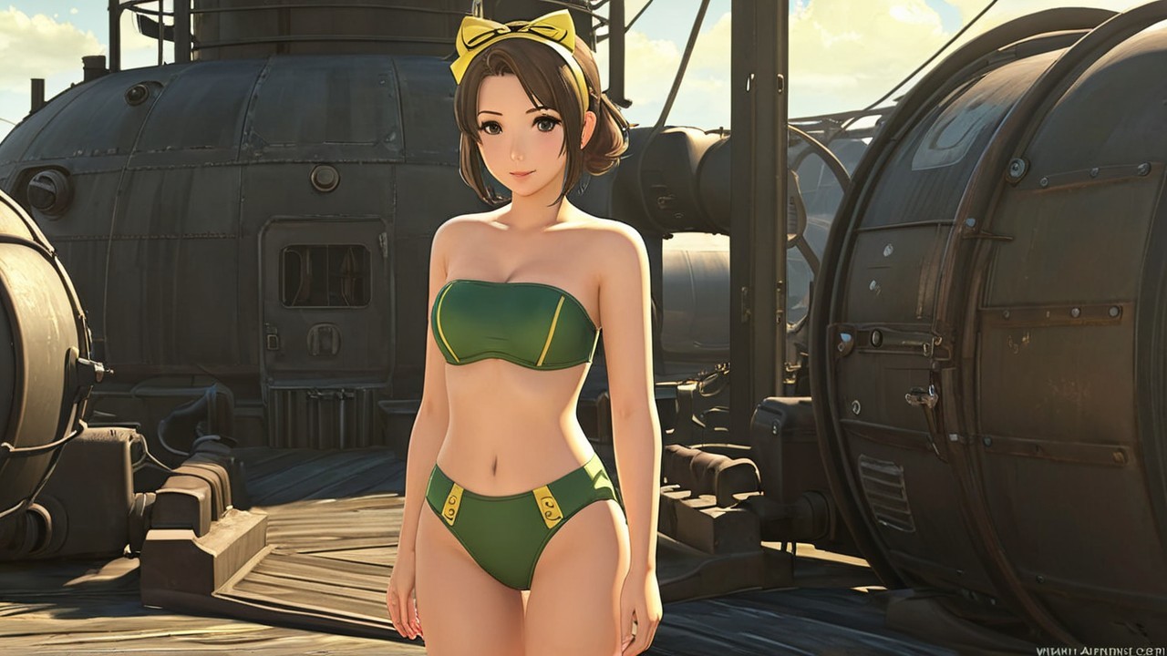 Playful Character in Green Bikini Amidst Machinery