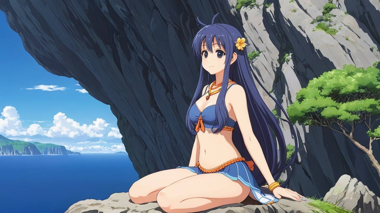 Young Woman in Bikini on Rocky Ledge by Ocean