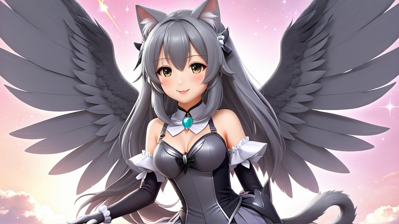 Fantastical Character with Cat Ears and Feathered Wings