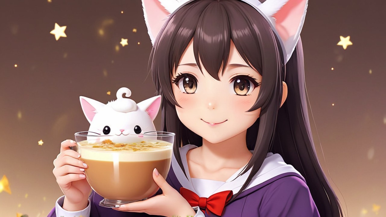 Character with Cat Ears and Cozy Beverage Scene