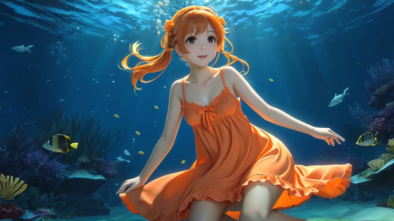 Vibrant Underwater Scene with Anime Girl and Coral