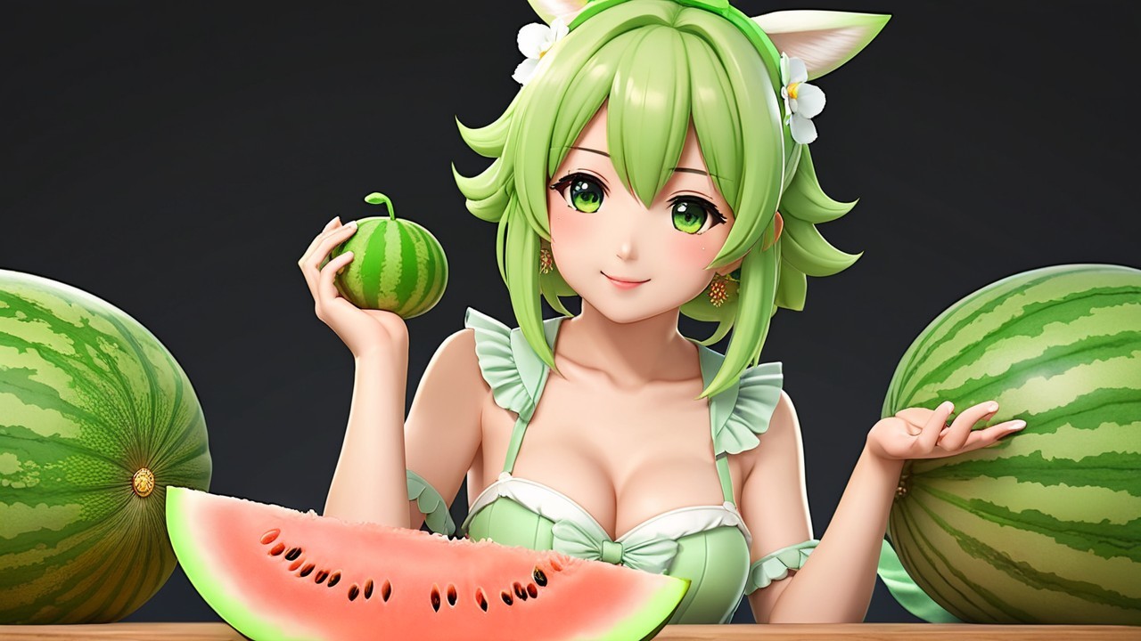 Cheerful anime character with green hair and melons