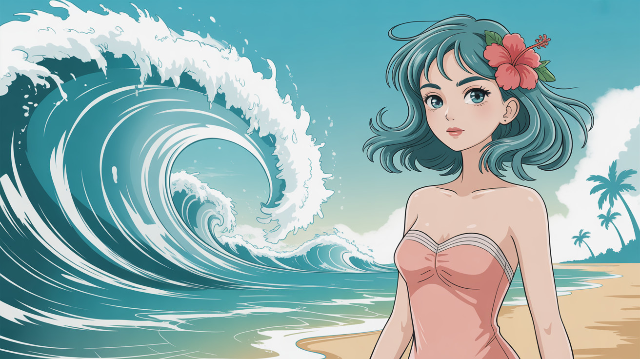 Anime Girl on Beach with Blue Hair and Hibiscus Flower