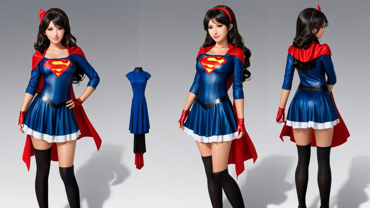 Female Superhero Costume with Blue Dress and Red Cape