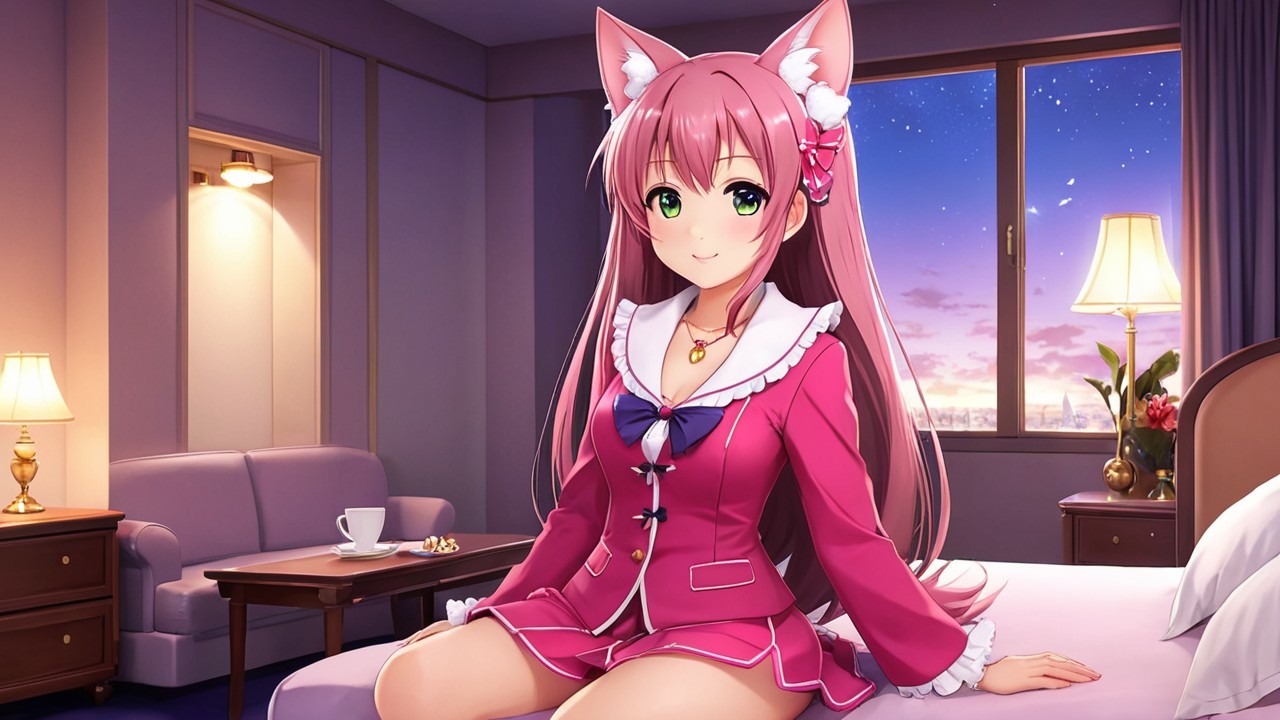 Cheerful anime girl in cozy hotel room at sunset
