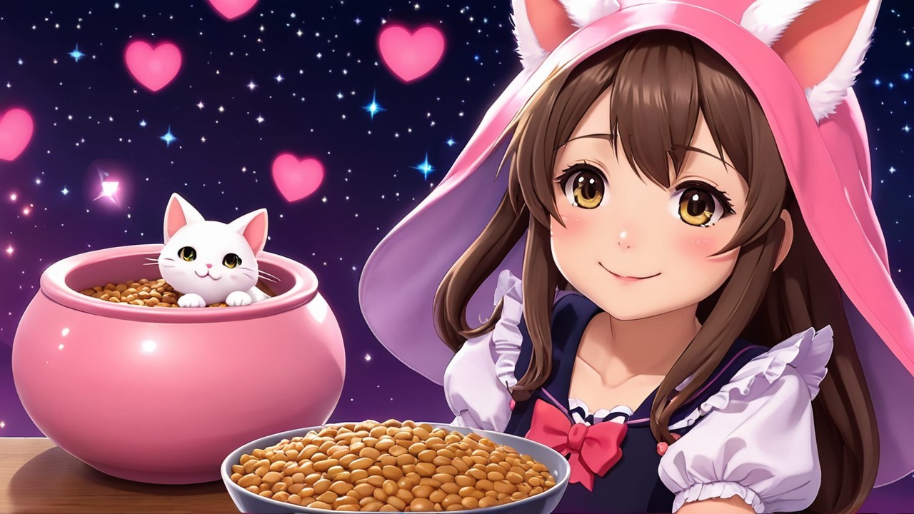 Cheerful girl with kitten in a whimsical setting