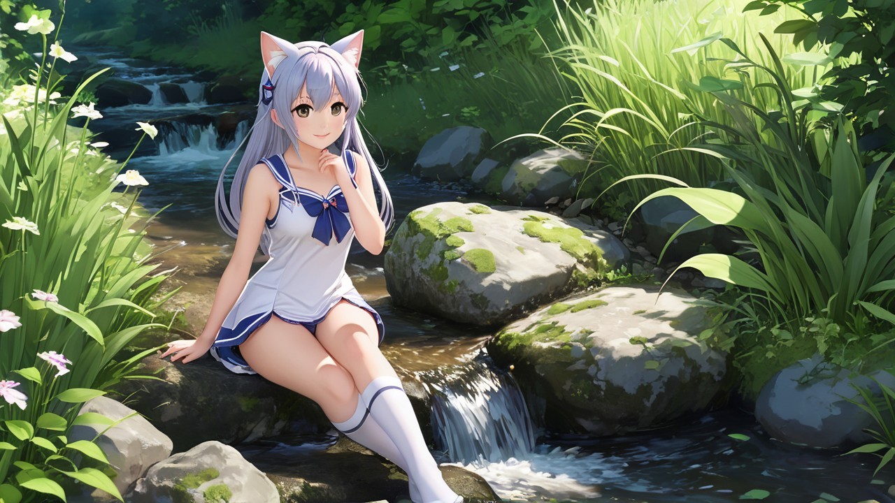 Young girl with cat ears by a tranquil stream
