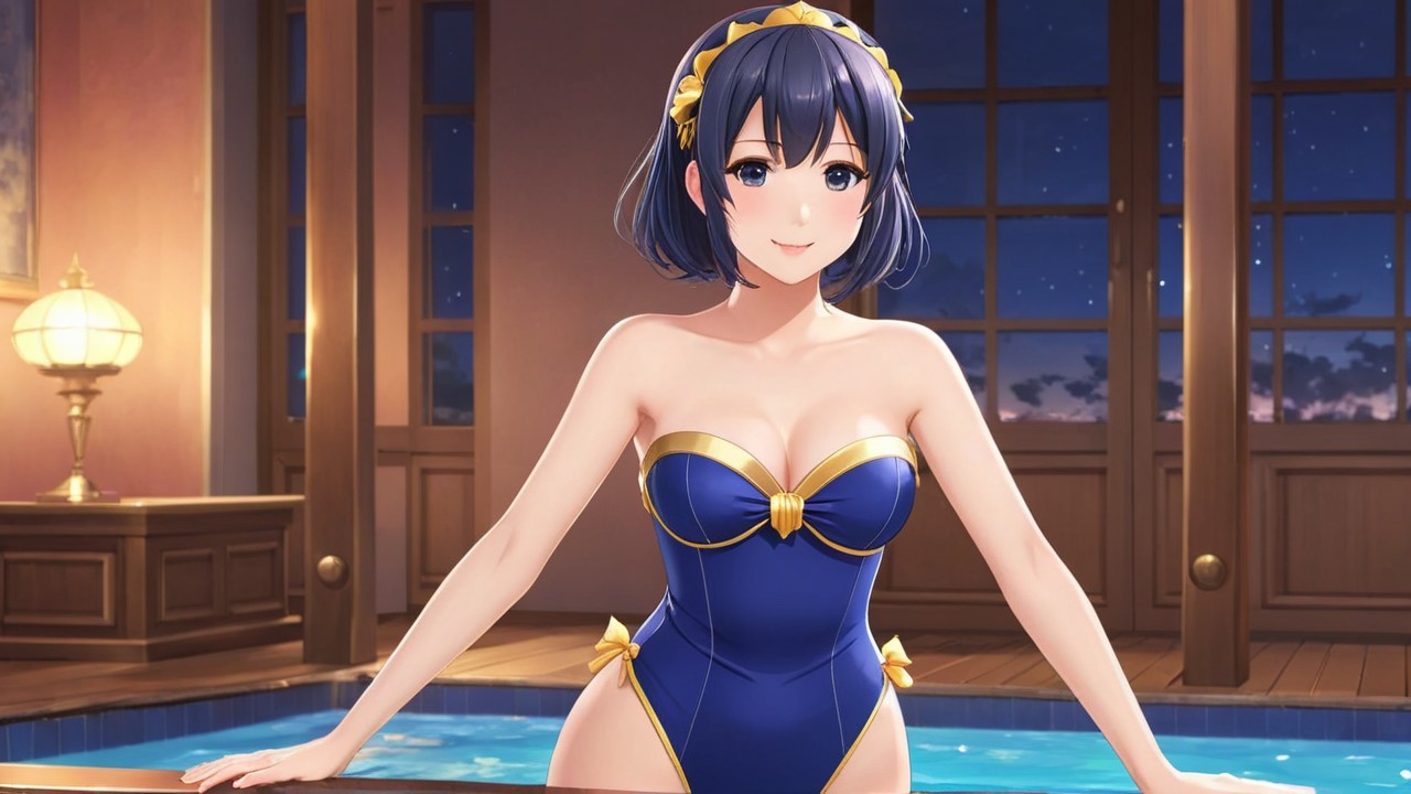 Young Woman in Blue Swimsuit by Indoor Pool