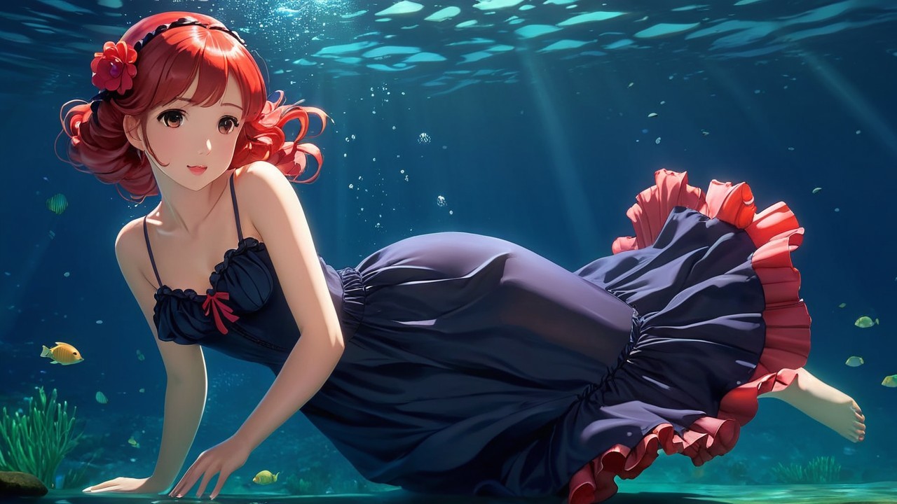 Young woman with red hair in underwater scene