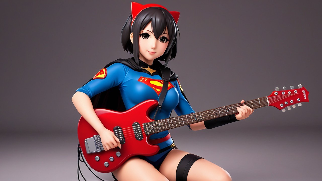 Anime Character in Superhero Outfit with Guitar
