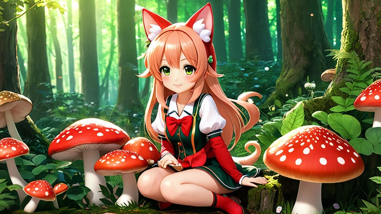 Young girl with fox ears in a colorful forest scene