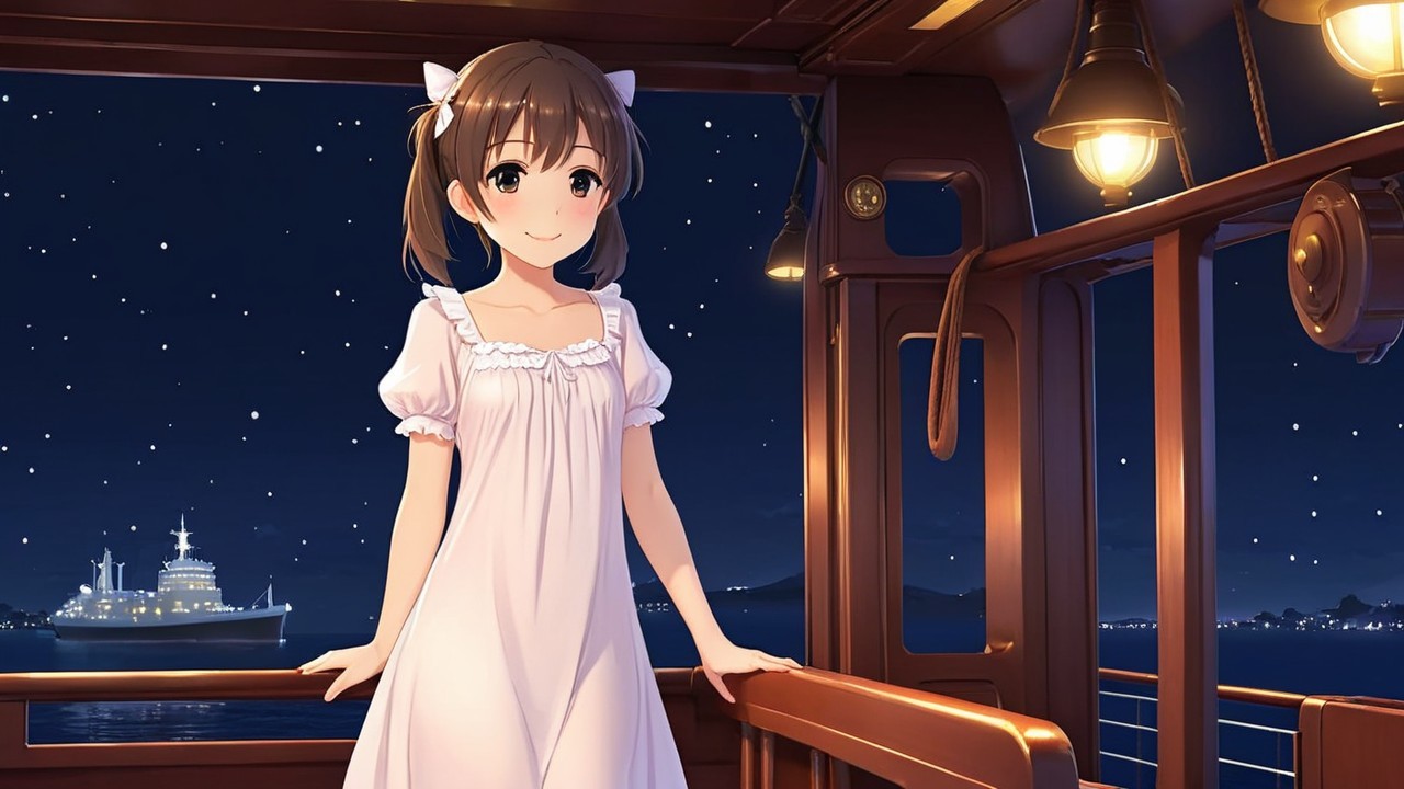 Young anime girl on ship deck at night with lanterns