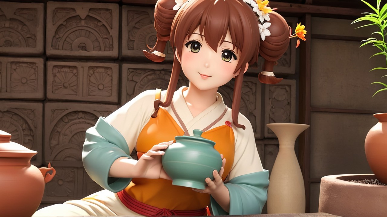 Young Woman in Rustic Kitchen with Clay Pots and Greenery