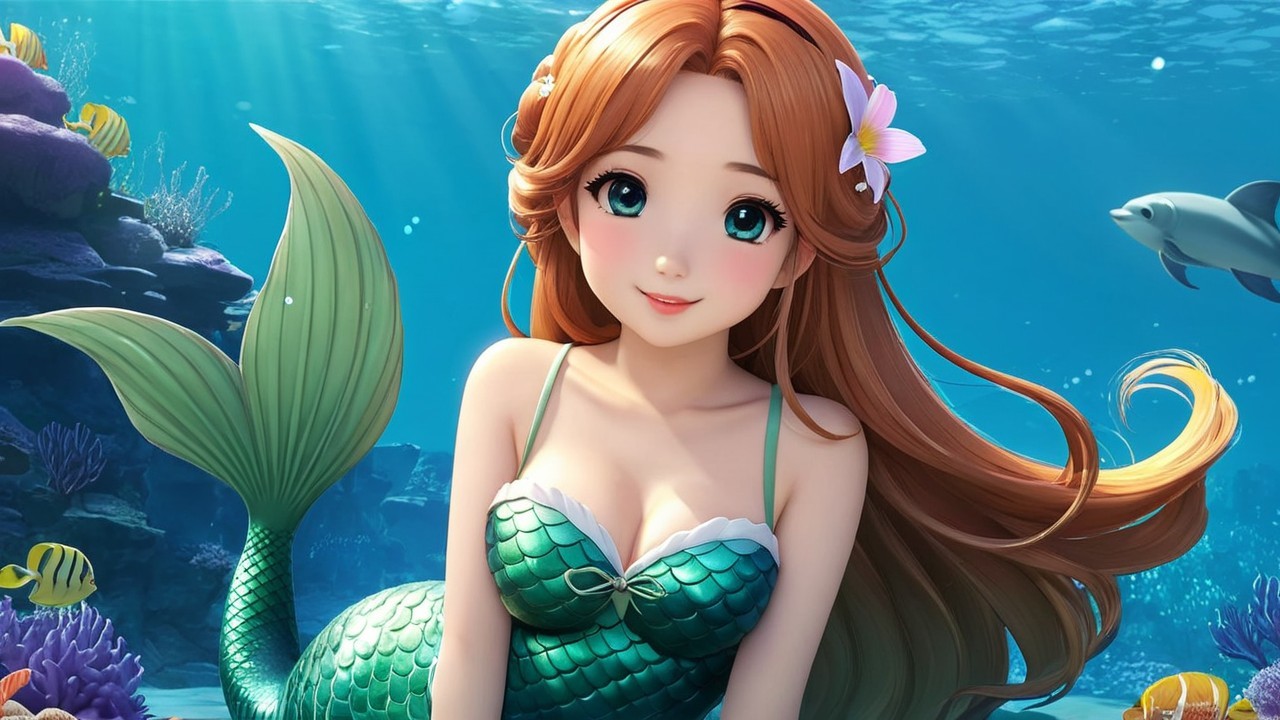 Whimsical Underwater Scene with Mermaid and Corals