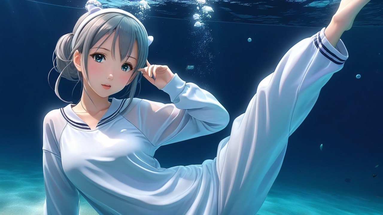 Underwater Scene with Young Woman in White Outfit