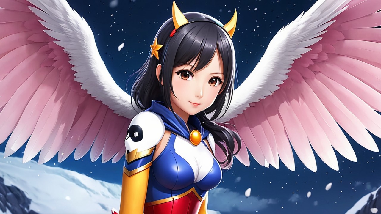 Fantasy Character with Feathered Wings in Snowy Scene