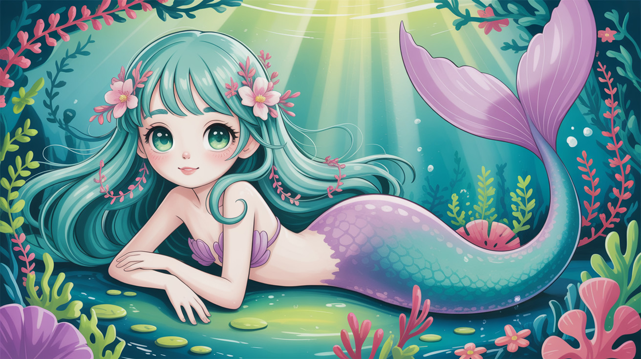 Anime Style Mermaid with Aquamarine Hair and Tail