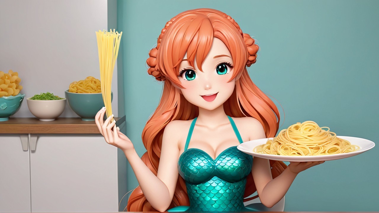 Cheerful Animated Character with Spaghetti and Pasta