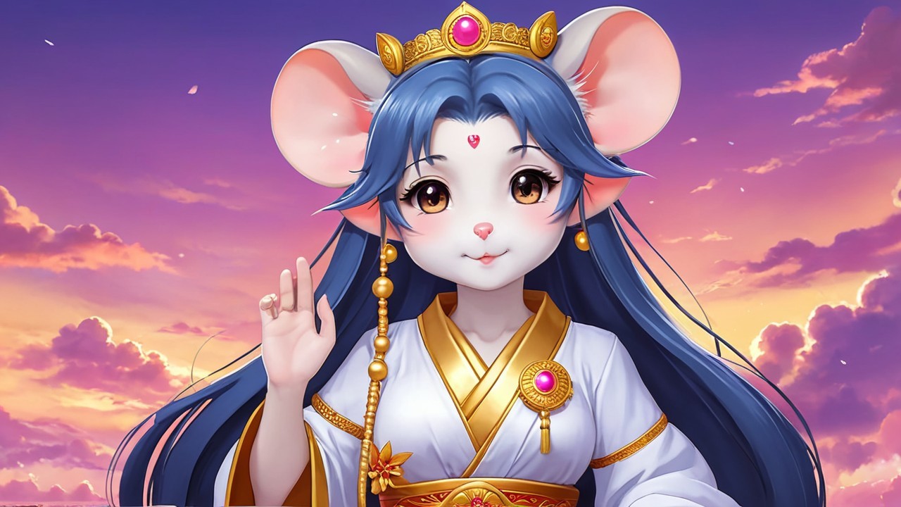 Cartoon Mouse Character in Regal Outfit at Sunset