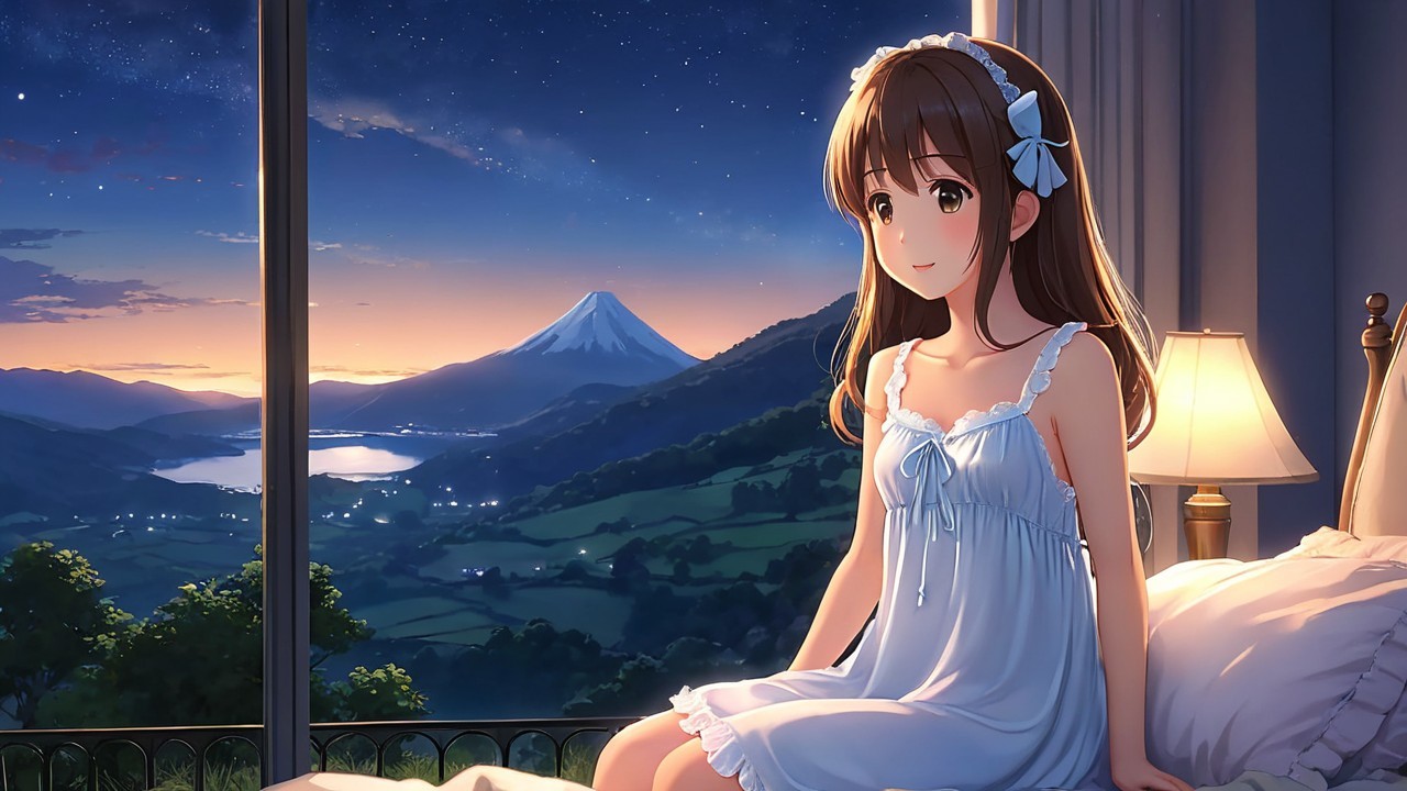 Serene Girl in Nightgown with Twilight Mountain View