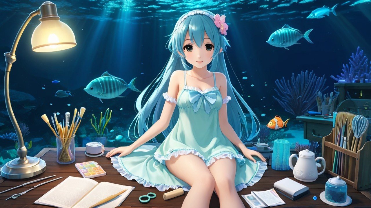 Underwater Scene with Woman at Desk and Colorful Fish