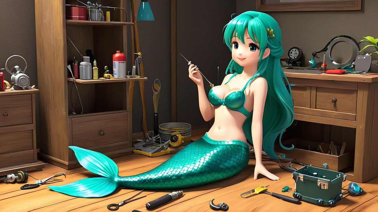Mermaid in Workshop with Tools and Cozy Atmosphere