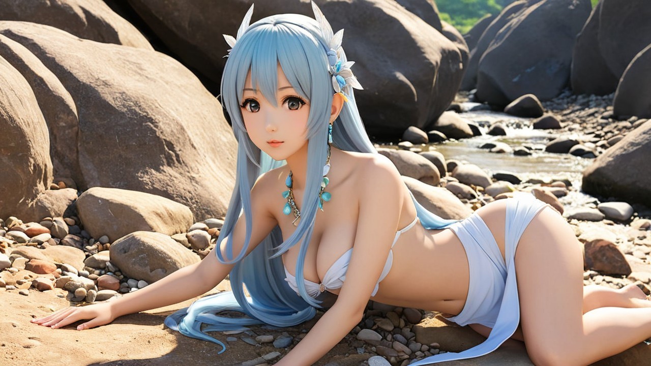 Anime Character with Blue Hair on Rocky Beach Scene
