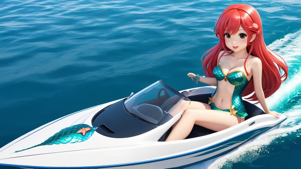 Anime Character in Speedboat with Mermaid Bikini