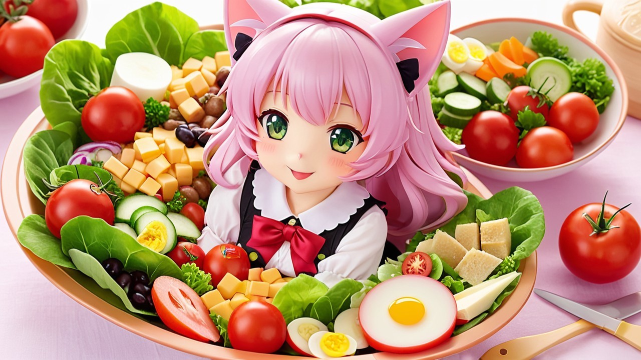 Whimsical Anime Character in a Salad Bowl Scene