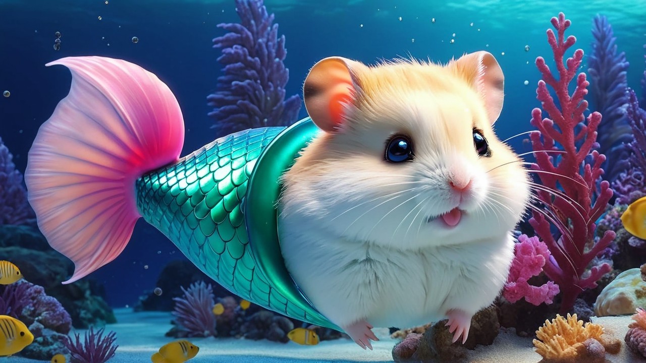 Whimsical Underwater Scene with Cute Hamster Mermaid