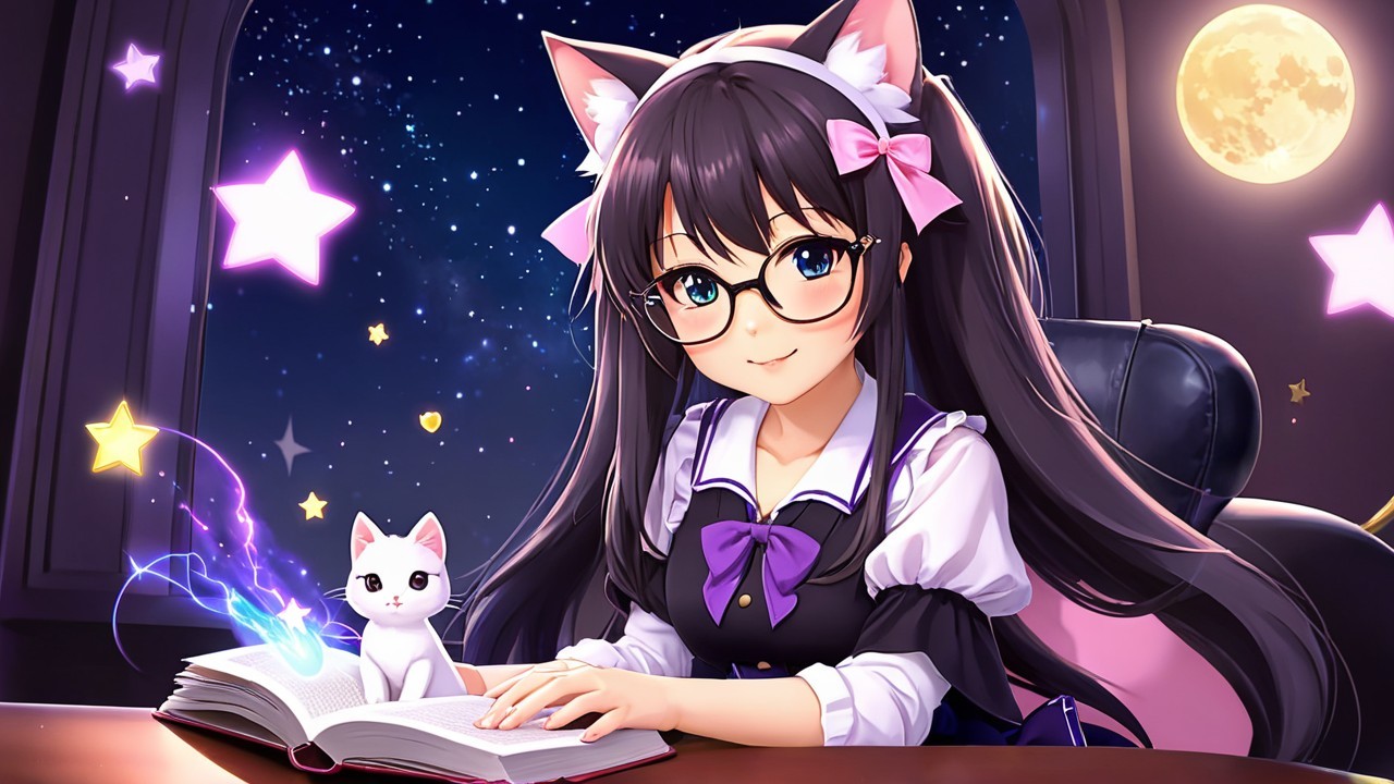 Whimsical Night Scene with Girl and Glowing Cat