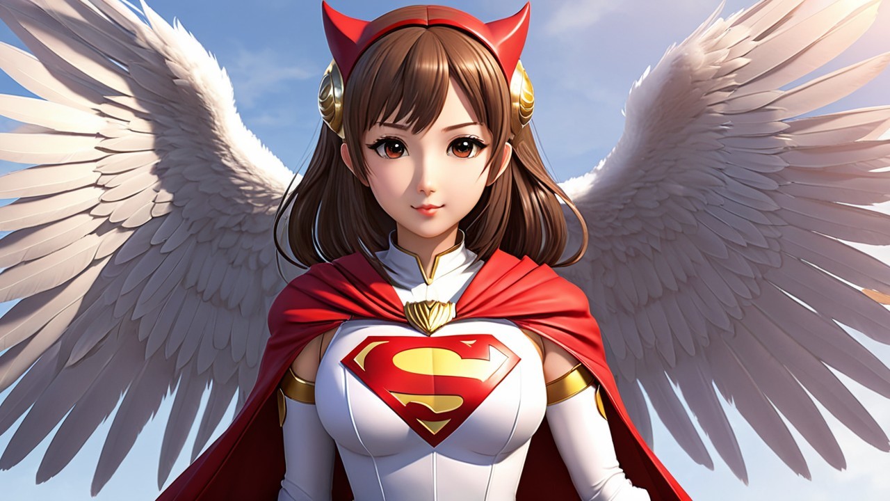 Heroic Figure with Wings and Red Costume Against Sky
