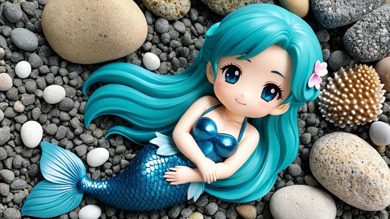 Stylized mermaid figure among pebbles and seashells