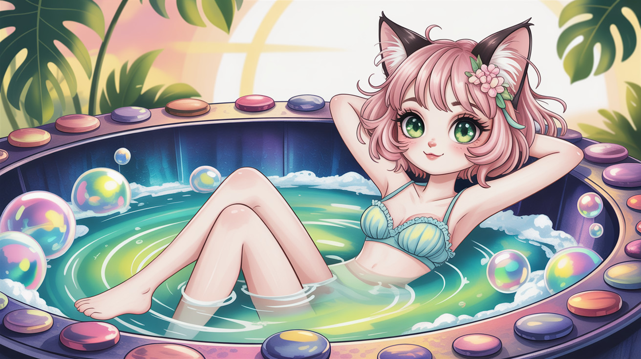 Anime-style furry girl in a hot tub with cat ears