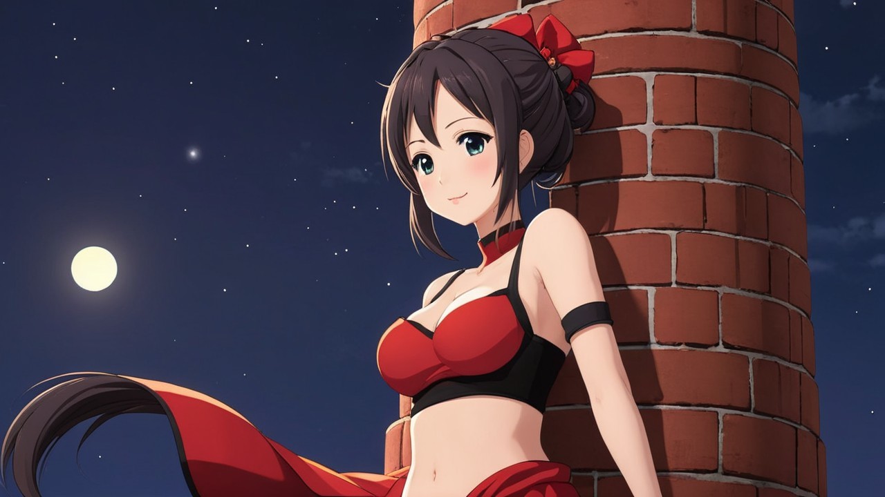 Anime girl under a starry night sky by a brick pillar