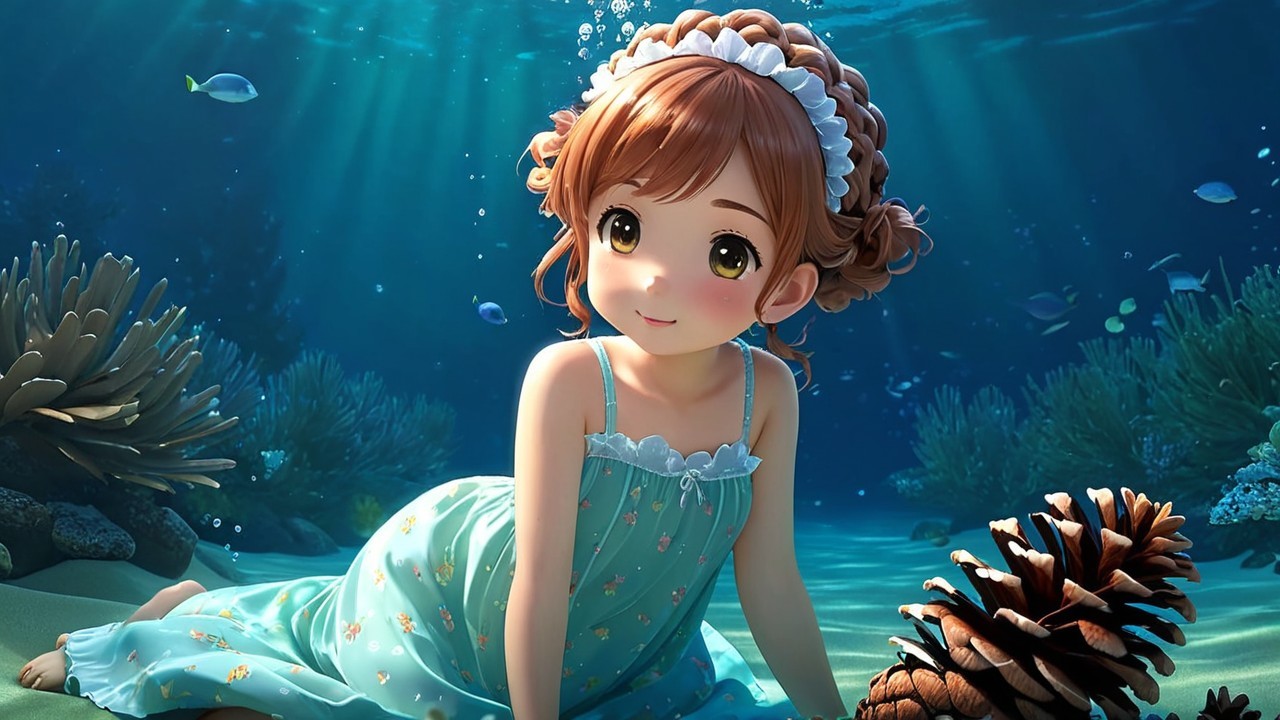 Underwater Scene of a Girl in a Blue Dress with Coral