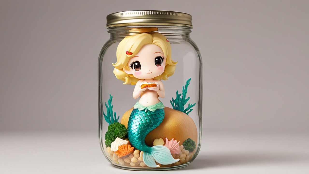 Blonde Mermaid Figurine in Glass Jar with Seashells