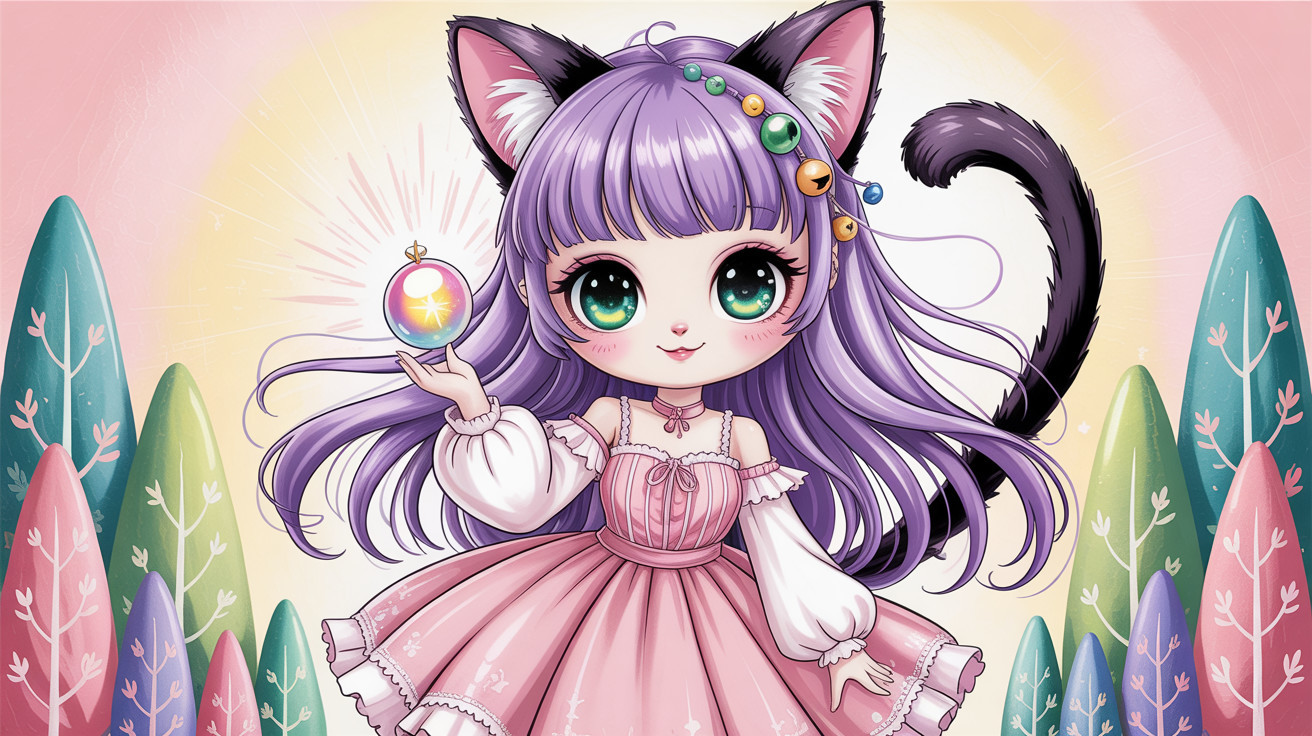 Anime Cat Girl in Pink Dress with Glowing Orb