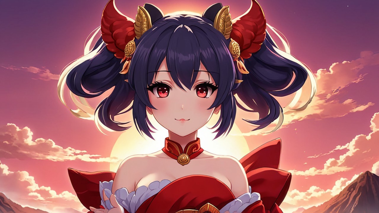Charming anime character with twin tails and red horns