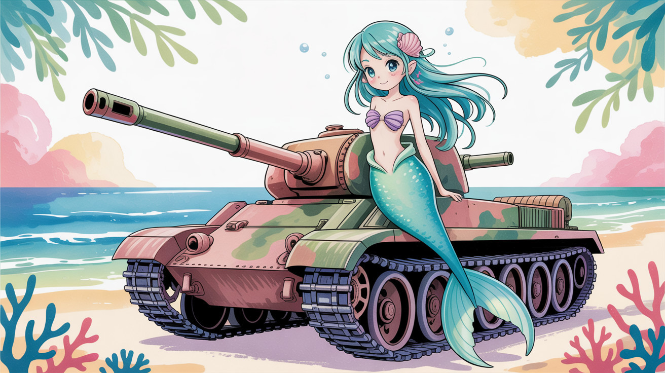 Anime Illustration of Mermaid on Military Tank at Beach