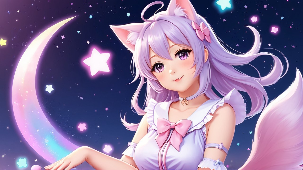 Whimsical Character with Cat Ears in Starry Sky
