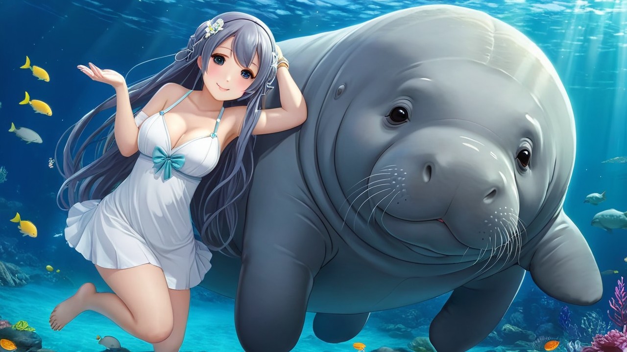 Whimsical Underwater Scene with Gray-Haired Character