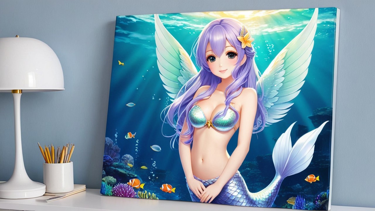 Fantastical mermaid with lavender hair and wings