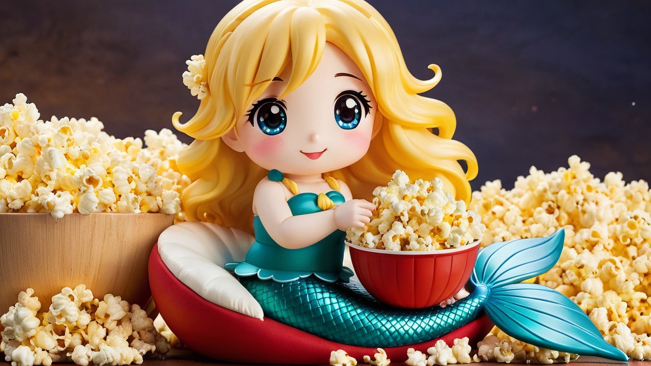 Cartoon Mermaid Enjoying Popcorn in Playful Scene