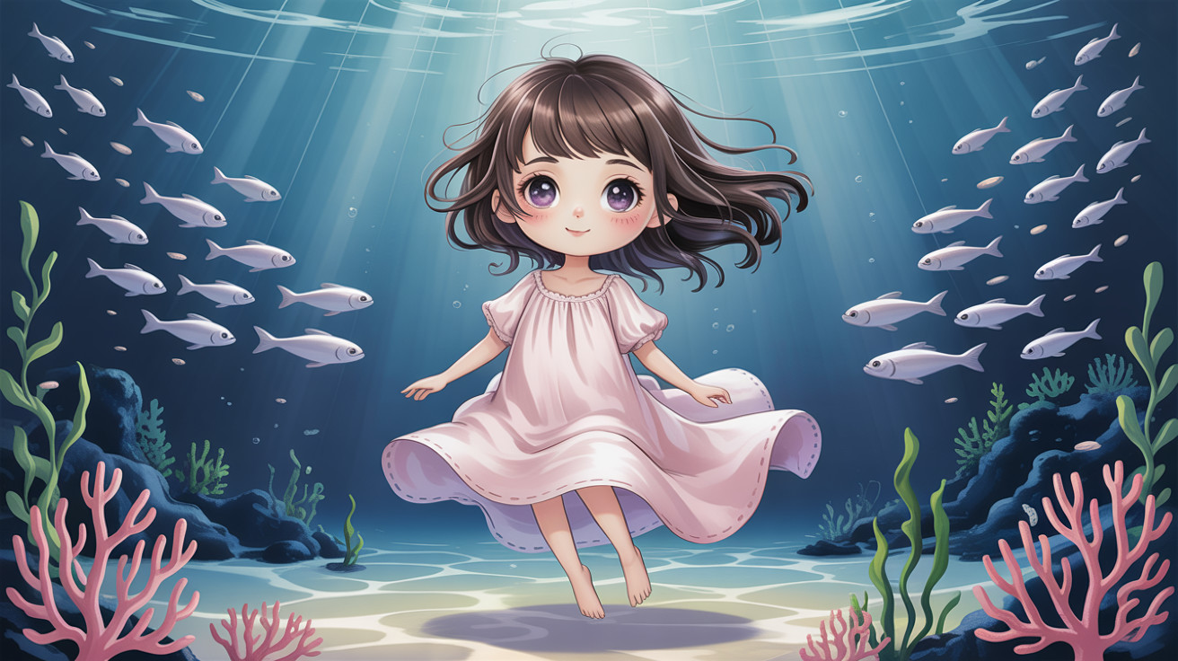 Chibi Girl Floating Underwater with Fish and Coral