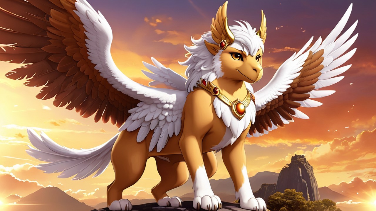 Griffin on Rocky Ledge Against Vibrant Sunset Sky