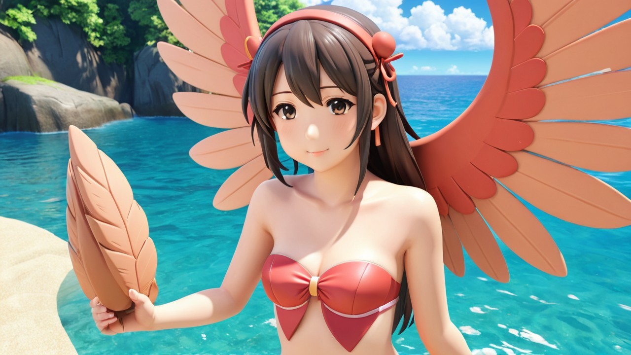 Young Woman with Red Wings on Tropical Beach