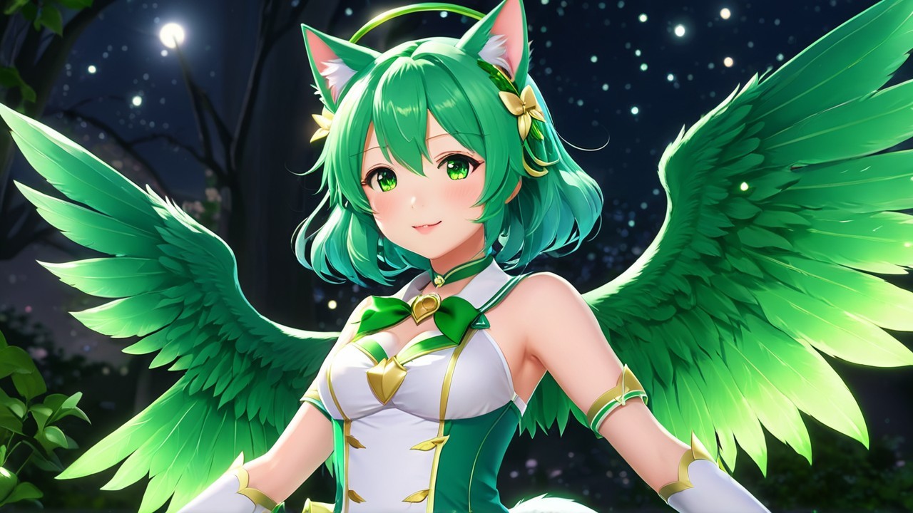 Vibrant Character with Green Hair and Wings in Forest